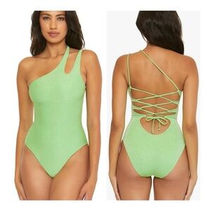 Becca Shimmer One Shoulder Asymmetrical One Piece Swimsuit in Seafoam Green NWT